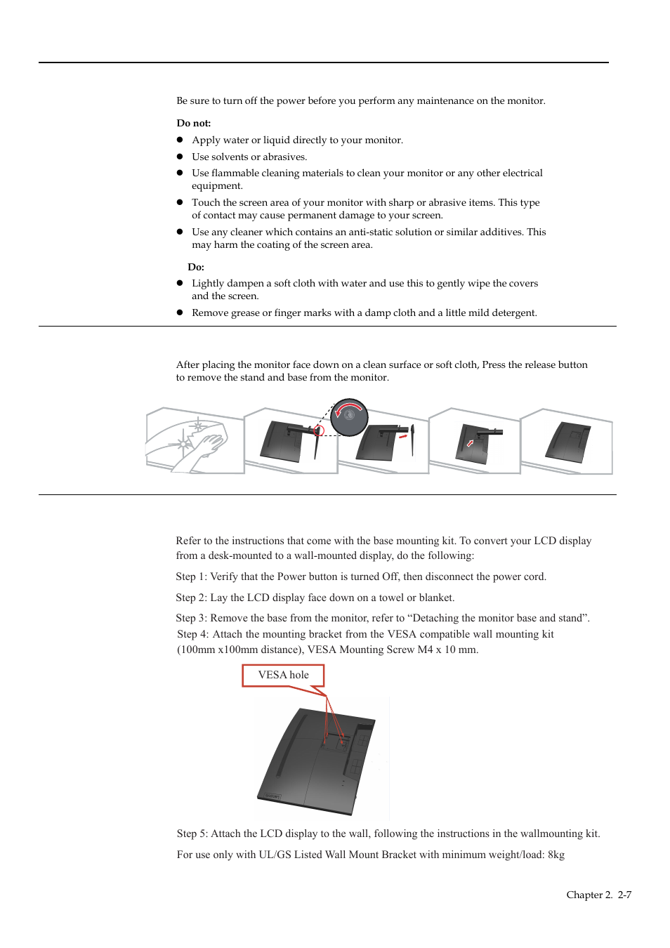 Caring for your monitor, Detaching the monitor stand, Wall mounting (optional) | Lenovo G34w-10 34" 1440p 144 Hz Curved Gaming Monitor User Manual | Page 17 / 27