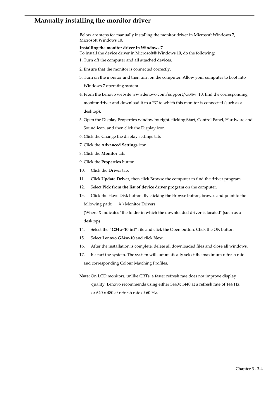 Manually installing the monitor driver | Lenovo G34w-10 34" 1440p 144 Hz Curved Gaming Monitor User Manual | Page 21 / 27