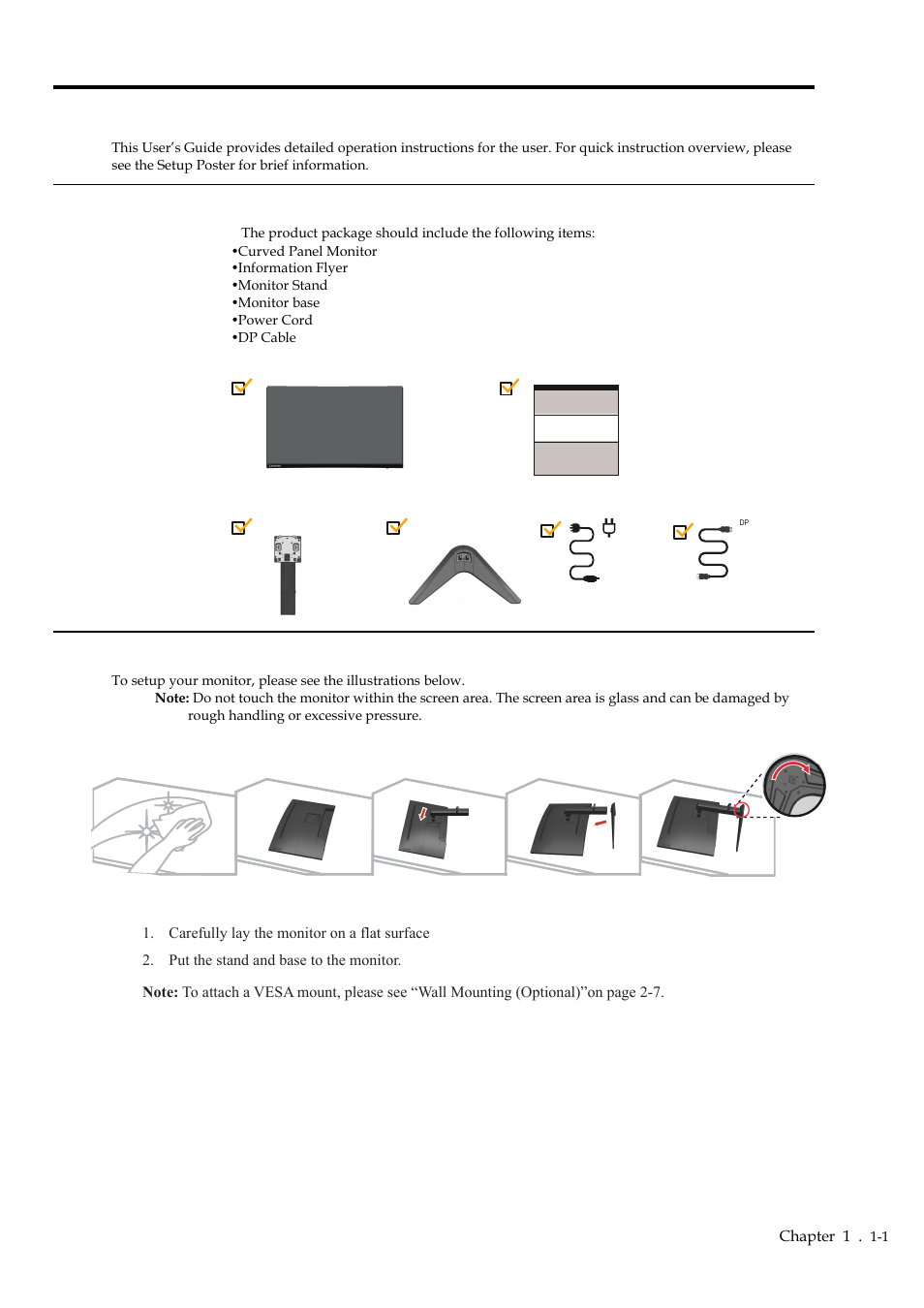 Chapter 1 getting started, Shipping contents, Notice for use | Lenovo G34w-10 34" 1440p 144 Hz Curved Gaming Monitor User Manual | Page 5 / 27