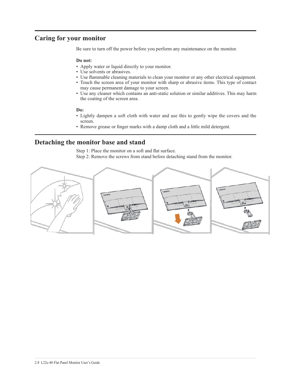 Selecting a supported display mode, Understanding power management, Caring for your monitor | Detaching the monitor base and stand | Lenovo L22e-40 21.5" Monitor (Cloud Gray) User Manual | Page 20 / 31