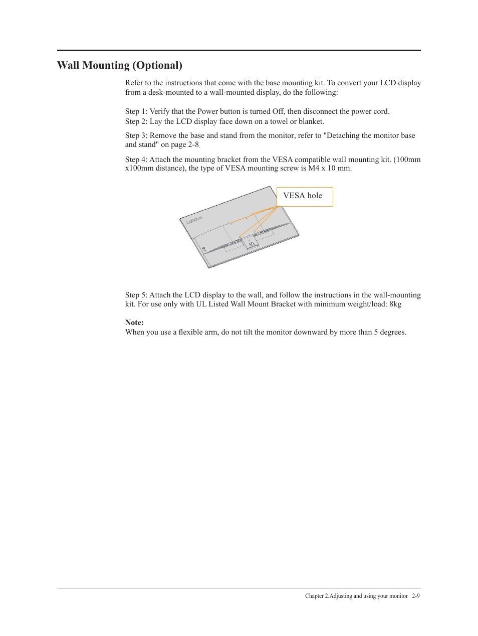 Wall mounting (optional) | Lenovo L22e-40 21.5" Monitor (Cloud Gray) User Manual | Page 21 / 31