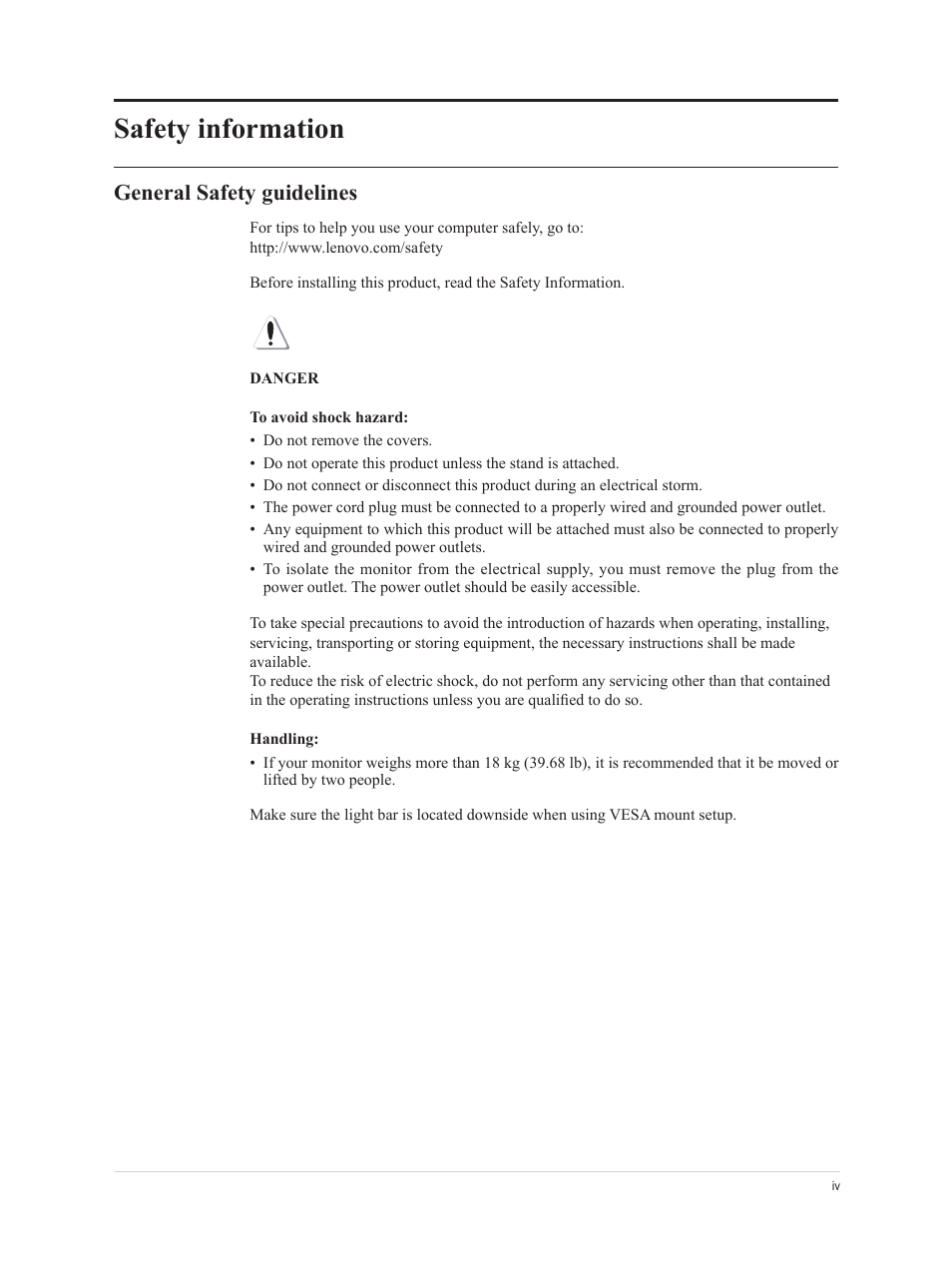 Safety information, General safety guidelines | Lenovo L22e-40 21.5" Monitor (Cloud Gray) User Manual | Page 5 / 31