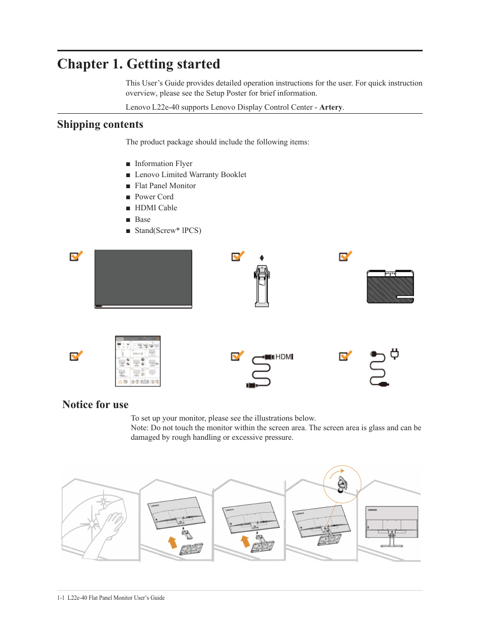 Chapter 1.getting started, Shipping contents, Chapter 1. getting started | Notice for use | Lenovo L22e-40 21.5" Monitor (Cloud Gray) User Manual | Page 6 / 31