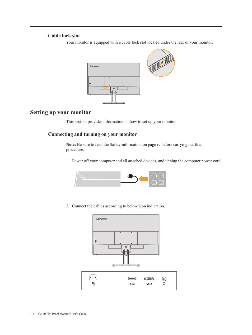 Setting up your monitor | Lenovo L22e-40 21.5" Monitor (Cloud Gray) User Manual | Page 8 / 31