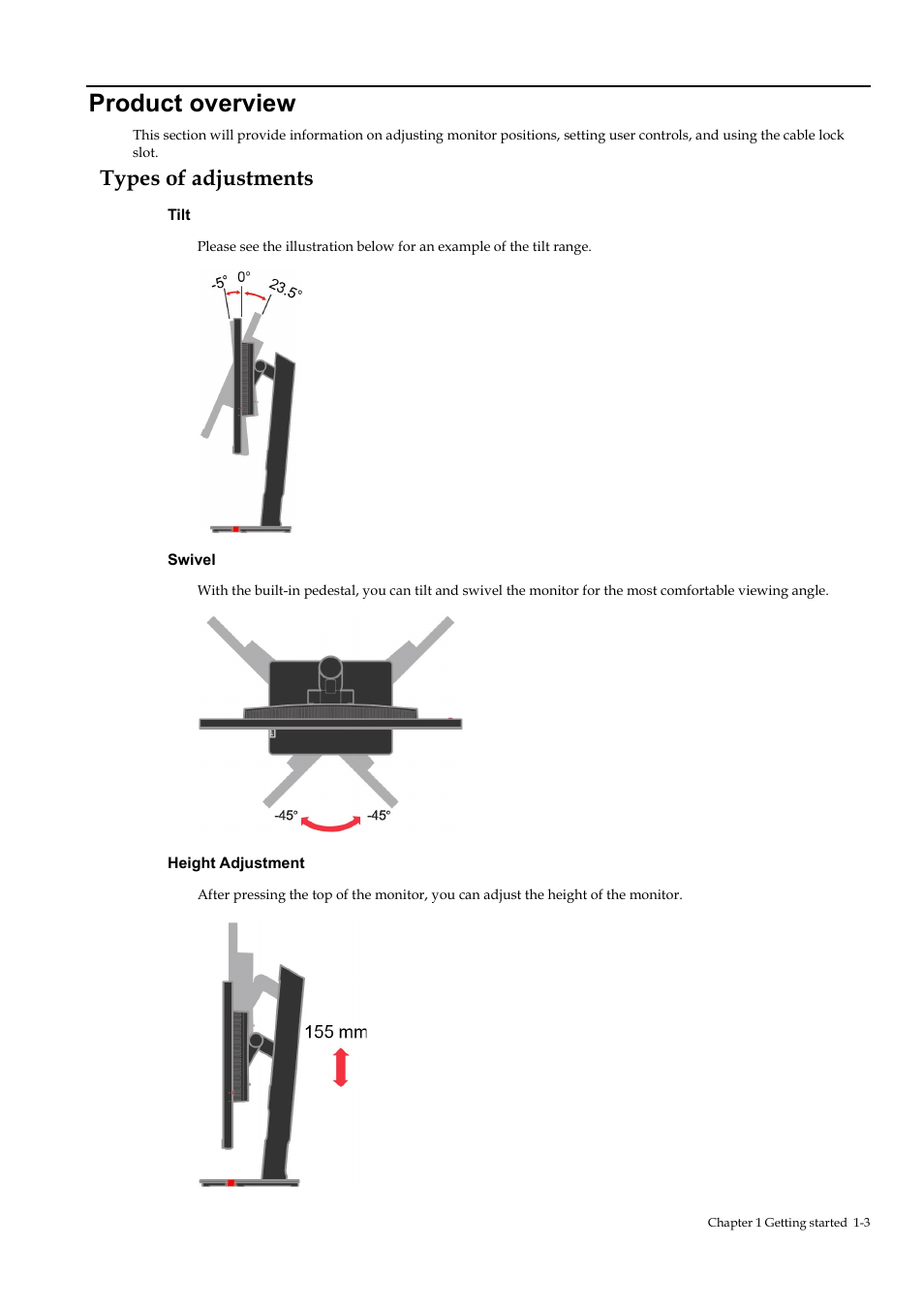 Product overview, Types of adjustments, Product overview -3 | Types of adjustments -3 | Lenovo ThinkVision T23i-30 23" Monitor User Manual | Page 11 / 41