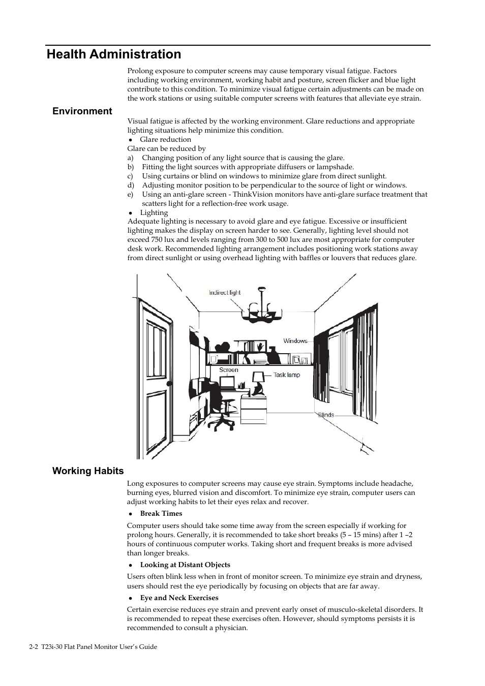 Health administration, Health administration -2, Environment | Working habits | Lenovo ThinkVision T23i-30 23" Monitor User Manual | Page 18 / 41