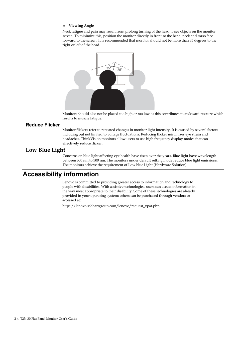 Low blue light, Accessibility information, Low blue light -4 | Accessibility information -4, Reduce flicker | Lenovo ThinkVision T23i-30 23" Monitor User Manual | Page 20 / 41