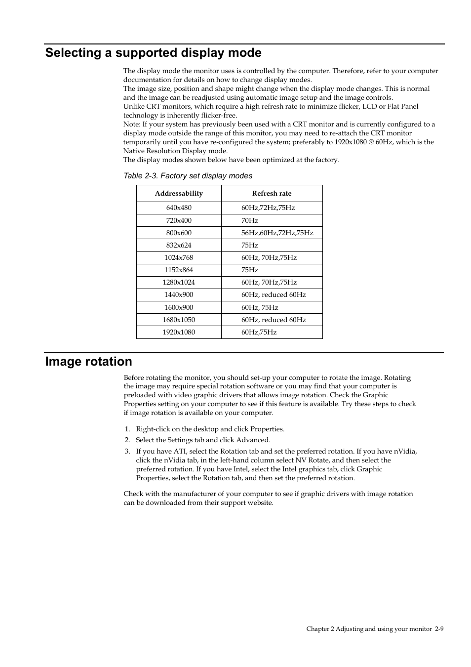 Selecting a supported display mode, Image rotation, Selecting a supported display mode -9 | Image rotation -9 | Lenovo ThinkVision T23i-30 23" Monitor User Manual | Page 25 / 41