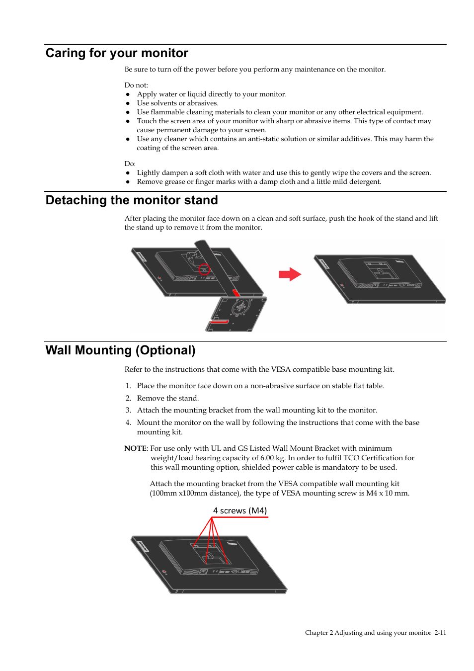 Caring for your monitor, Detaching the monitor stand, Wall mounting (optional) | Caring for your monitor -11, Detaching the monitor stand -11, Wall mounting (optional) -11 | Lenovo ThinkVision T23i-30 23" Monitor User Manual | Page 27 / 41