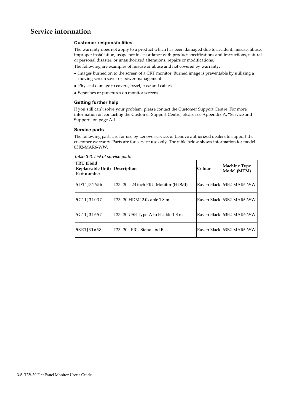 Service information, Service information -8 | Lenovo ThinkVision T23i-30 23" Monitor User Manual | Page 35 / 41