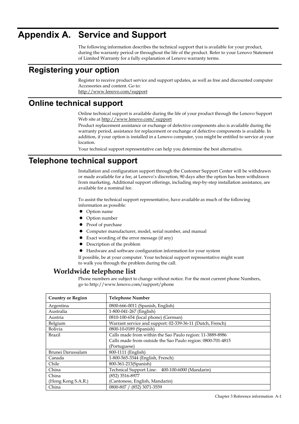 Appendix a. service and support, Registering your option, Online technical support | Telephone technical support, Worldwide telephone list, Appendix a, Service, And support | Lenovo ThinkVision T23i-30 23" Monitor User Manual | Page 36 / 41