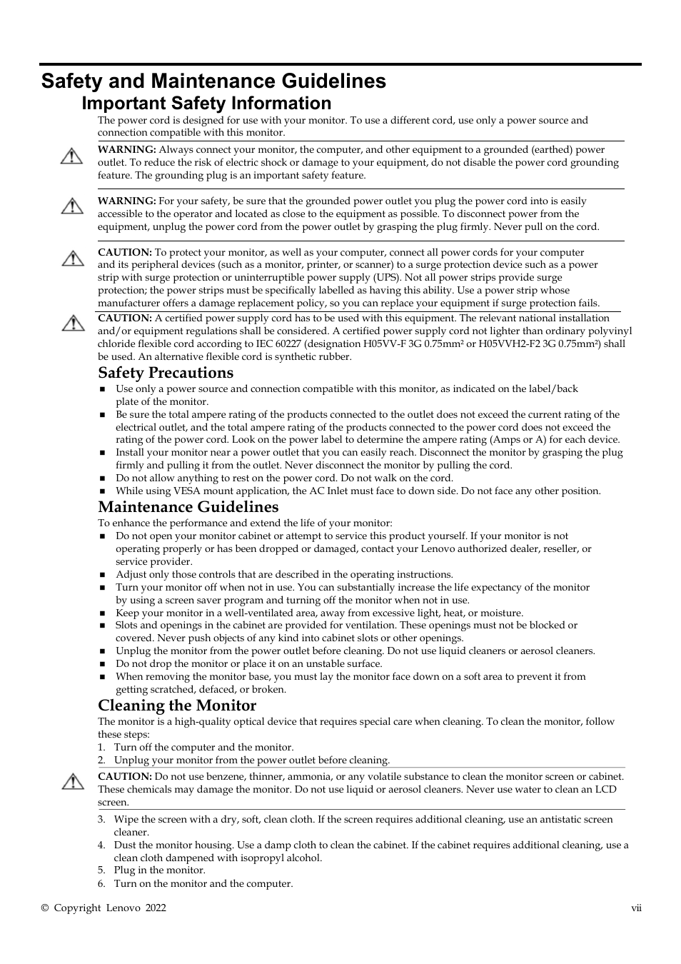 Safety and maintenance guidelines, Important safety information, Safety precautions | Maintenance guidelines, Cleaning the monitor | Lenovo ThinkVision T23i-30 23" Monitor User Manual | Page 8 / 41