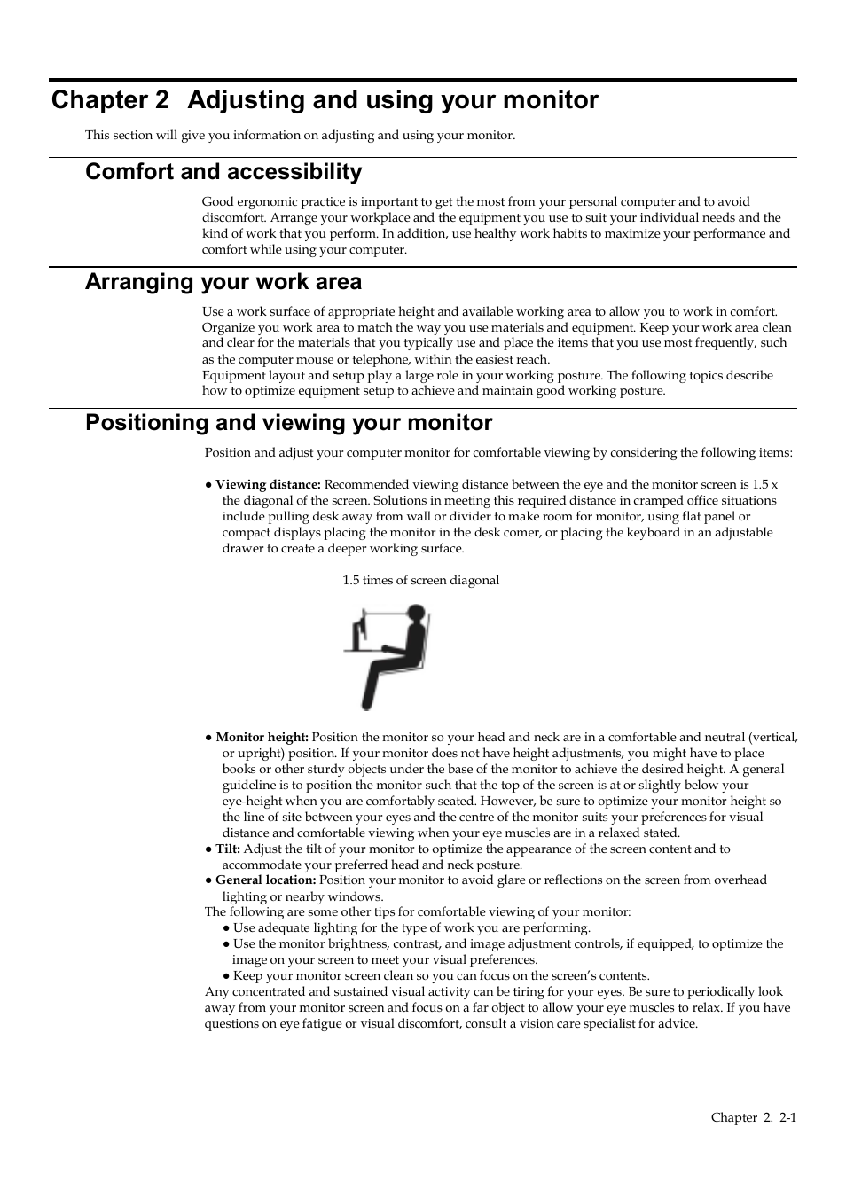 Chapter 2 adjusting and using your monitor, Comfort and accessibility, Arranging your work area | Positioning and viewing your monitor, Chapter 2, Adjusting and using your monitor -1, Comfort and accessibility -1, Arranging your work area -1, Positioning and viewing your monitor -1 | Lenovo Q24h-10 23.8" 16:9 FreeSync IPS Monitor (Gray) User Manual | Page 13 / 32