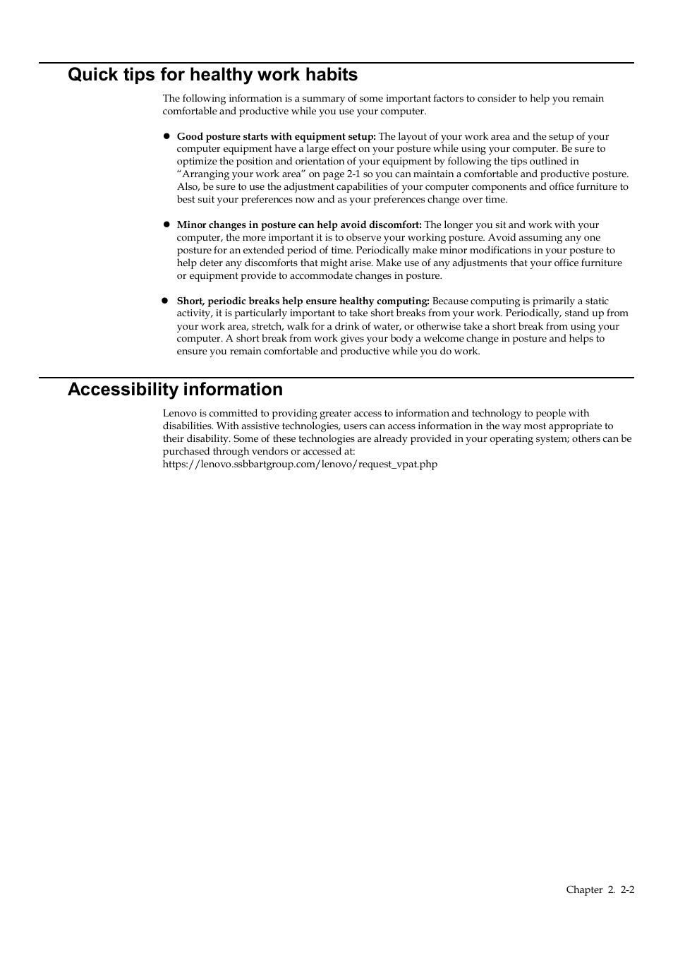 Quick tips for healthy work habits, Accessibility information, Quick tips for healthy work habits -2 | Accessibility information -2 | Lenovo Q24h-10 23.8" 16:9 FreeSync IPS Monitor (Gray) User Manual | Page 14 / 32