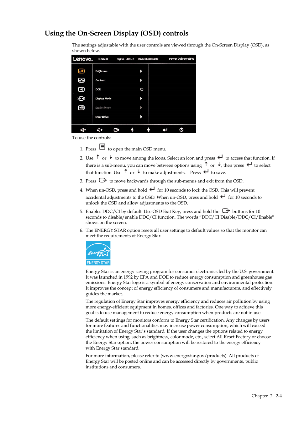 Using the on-screen display (osd) controls, Using the on-screen display (osd) controls -4 | Lenovo Q24h-10 23.8" 16:9 FreeSync IPS Monitor (Gray) User Manual | Page 16 / 32