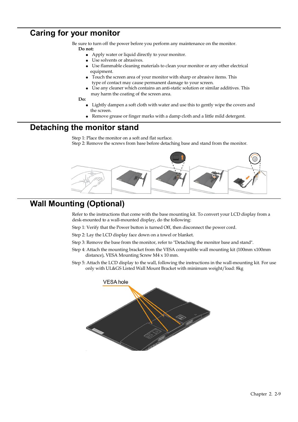 Caring for your monitor, Detaching the monitor stand, Wall mounting (optional) | Caring for your monitor -9, Detaching the monitor stand -9, Wall mounting (optional) -9 | Lenovo Q24h-10 23.8" 16:9 FreeSync IPS Monitor (Gray) User Manual | Page 21 / 32