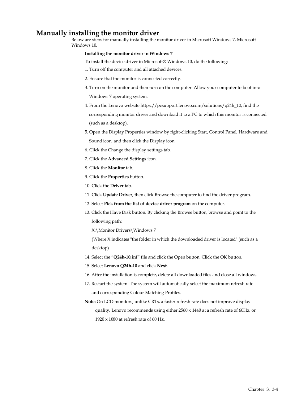 Manually installing the monitor driver, Manually installing the monitor driver -4, Manually installing the | Monitor driver, Ge 3-4 se | Lenovo Q24h-10 23.8" 16:9 FreeSync IPS Monitor (Gray) User Manual | Page 26 / 32