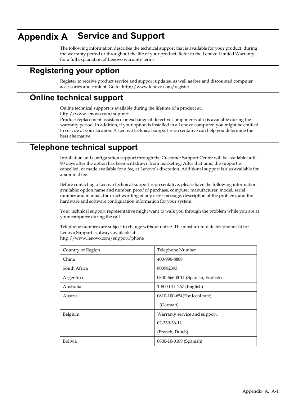 Appendix a service and support, Registering your option, Online technical support | Telephone technical support, Appendix a | Lenovo Q24h-10 23.8" 16:9 FreeSync IPS Monitor (Gray) User Manual | Page 29 / 32