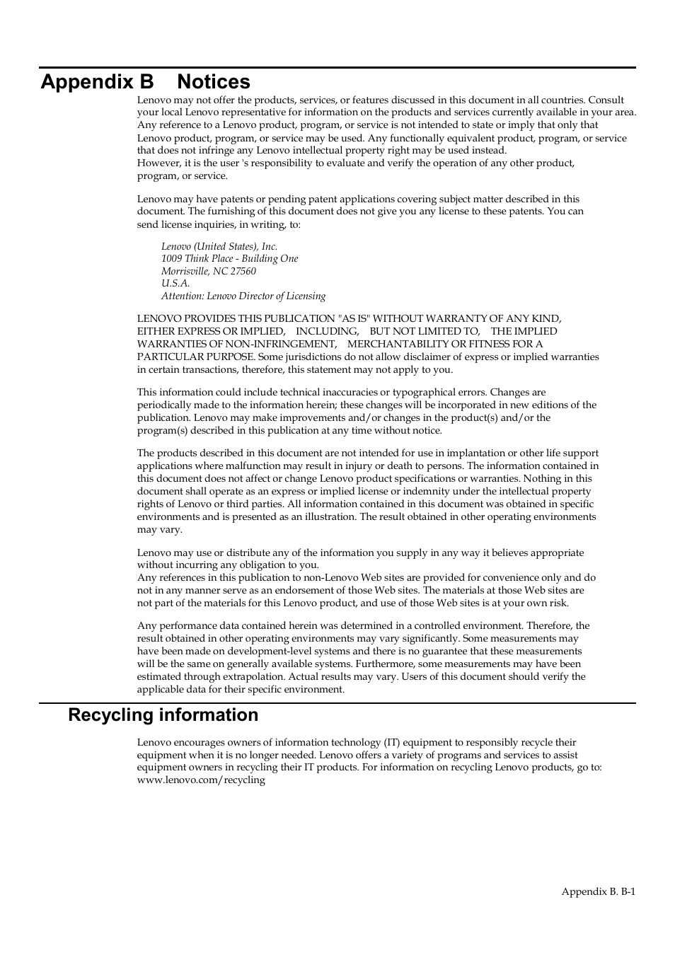 Appendix b notices, Recycling information, Appendix b | Lenovo Q24h-10 23.8" 16:9 FreeSync IPS Monitor (Gray) User Manual | Page 31 / 32