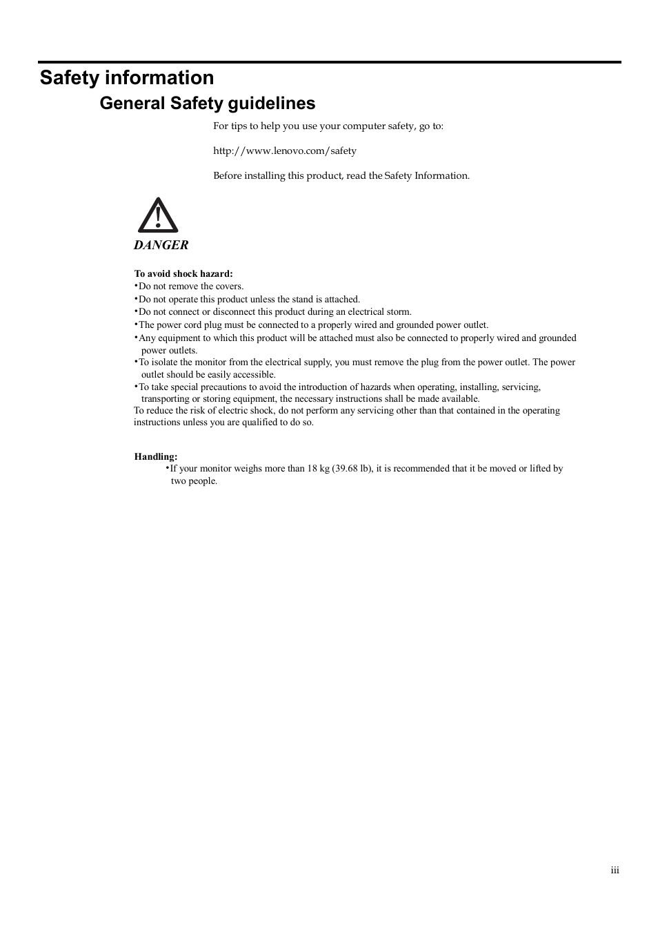 Safety information, General safety guidelines, Danger | Lenovo Q24h-10 23.8" 16:9 FreeSync IPS Monitor (Gray) User Manual | Page 5 / 32