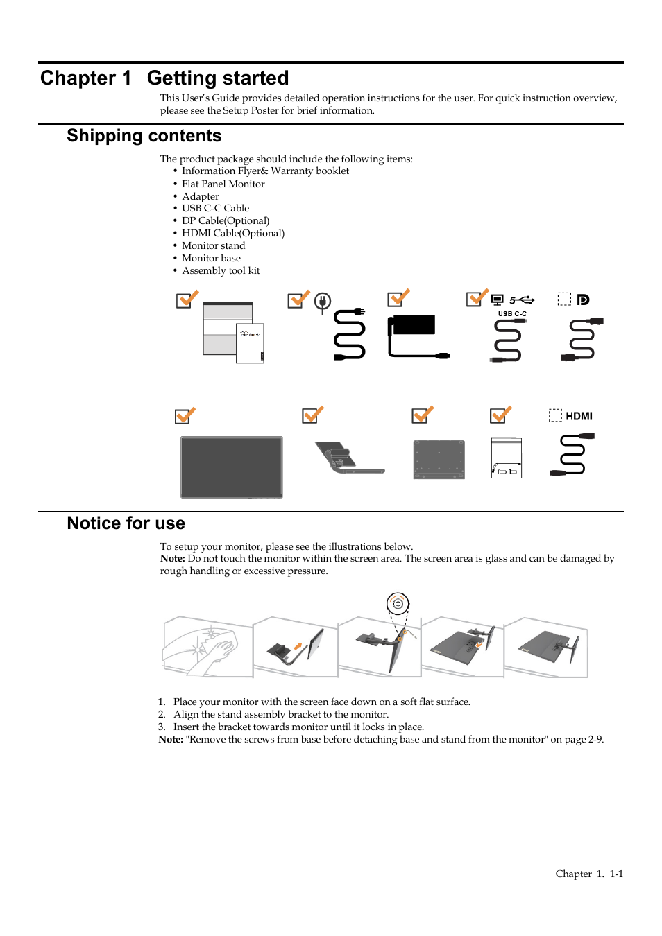 Chapter 1 getting started, Shipping contents, Notice for use | Chapter 1, Getting started -1, Shipping contents -1, Notice for use -1 | Lenovo Q24h-10 23.8" 16:9 FreeSync IPS Monitor (Gray) User Manual | Page 7 / 32