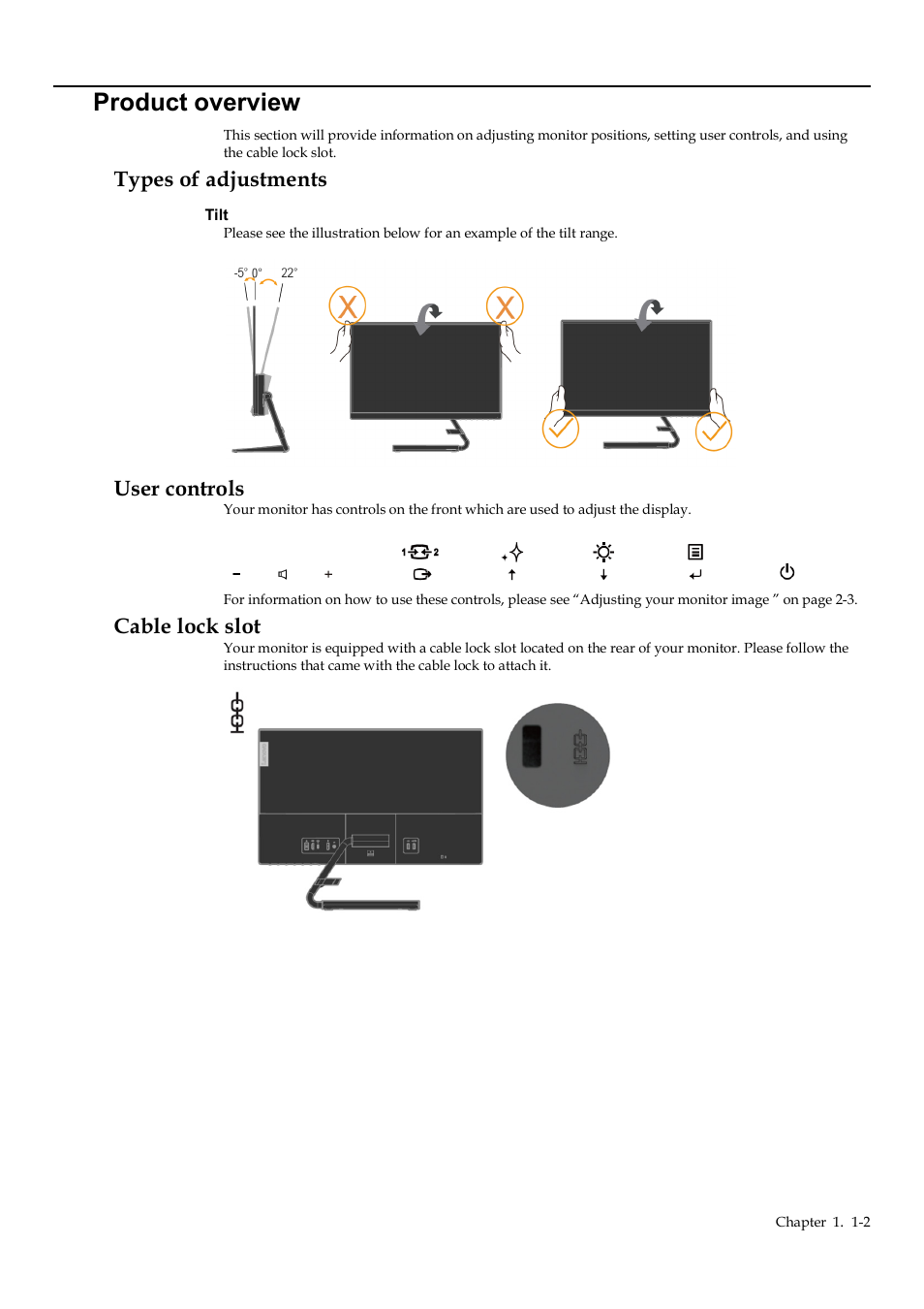 Product overview, Types of adjustments, User controls | Cable lock slot, Product overview -2, Types of adjustments -2, User controls -2, Cable lock slot -2 | Lenovo Q24h-10 23.8" 16:9 FreeSync IPS Monitor (Gray) User Manual | Page 8 / 32
