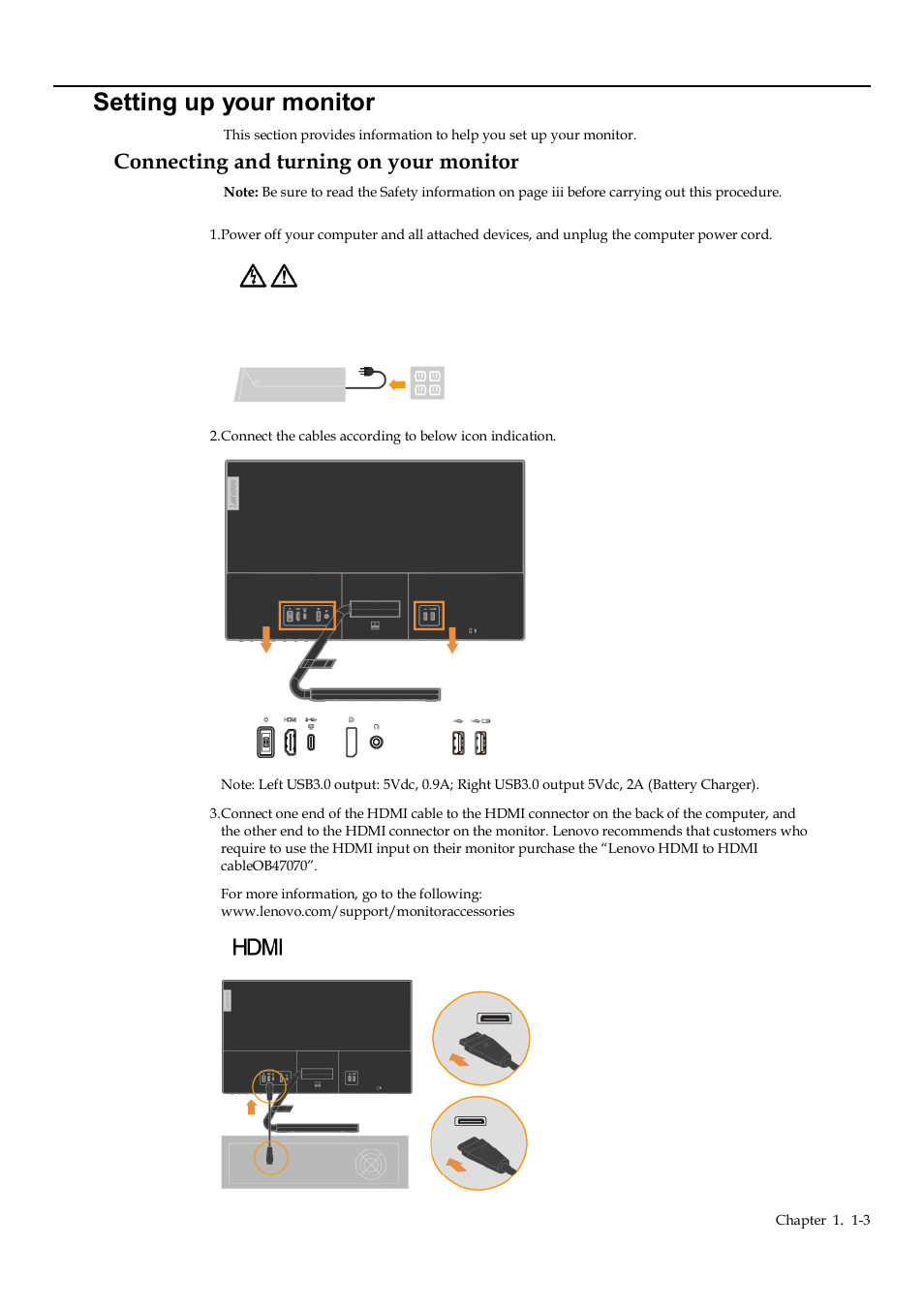 Setting up your monitor, Connecting and turning on your monitor, Setting up your monitor -3 | Connecting and turning on your monitor -3 | Lenovo Q24h-10 23.8" 16:9 FreeSync IPS Monitor (Gray) User Manual | Page 9 / 32