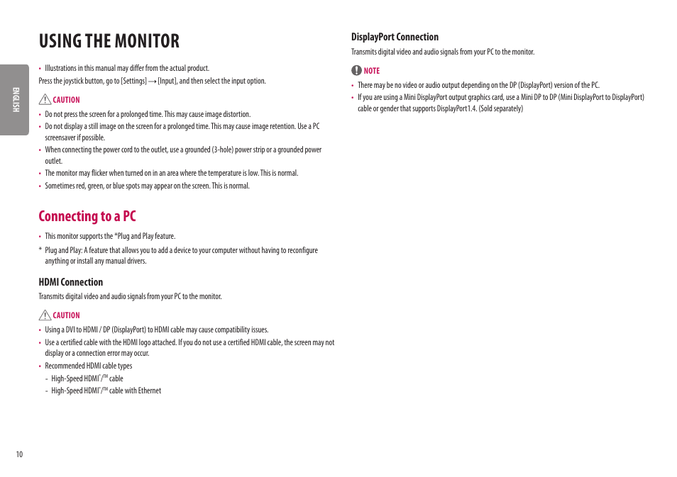 Using the monitor, Connecting to a pc, Hdmi connection | Displayport connection | LG UltraGear 31.5" 4K HDR 144 Hz Gaming Monitor User Manual | Page 10 / 32