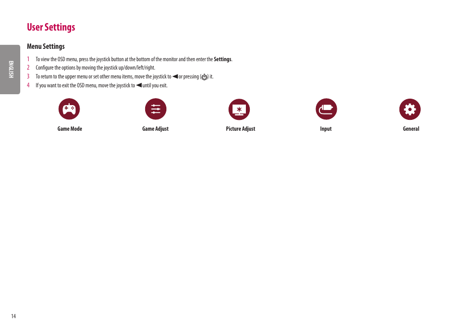 User settings | LG UltraGear 31.5" 4K HDR 144 Hz Gaming Monitor User Manual | Page 14 / 32