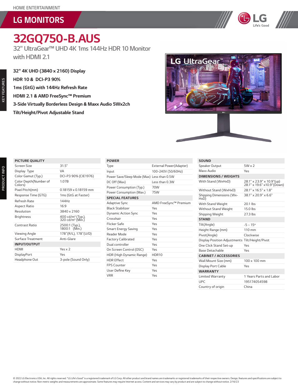 LG UltraGear 31.5" 4K HDR 144 Hz Gaming Monitor User Manual | 1 page