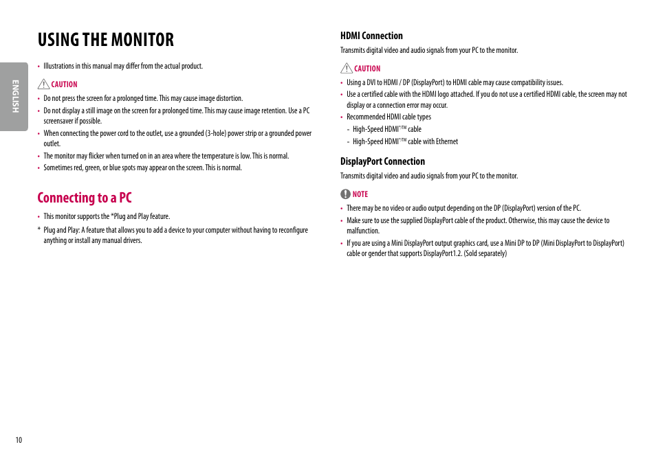 Using the monitor, Connecting to a pc, Hdmi connection | Displayport connection | LG BL450Y 22" Desktop Monitor (White) User Manual | Page 10 / 29