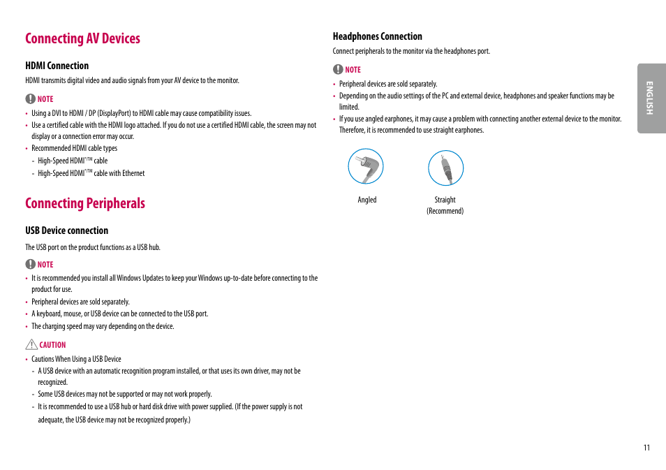 Connecting av devices, Connecting peripherals, Hdmi connection | Usb device connection, Headphones connection | LG BL450Y 22" Desktop Monitor (White) User Manual | Page 11 / 29