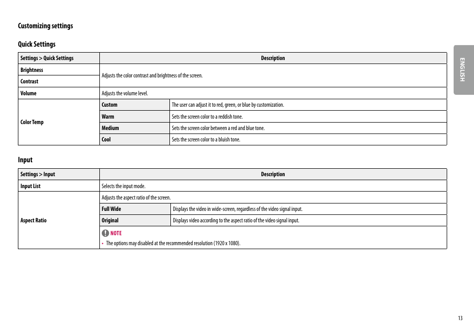 Customizing settings quick settings, Input | LG BL450Y 22" Desktop Monitor (White) User Manual | Page 13 / 29