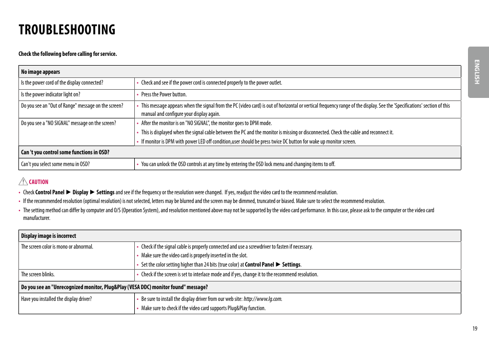 Troubleshooting | LG BL450Y 22" Desktop Monitor (White) User Manual | Page 19 / 29