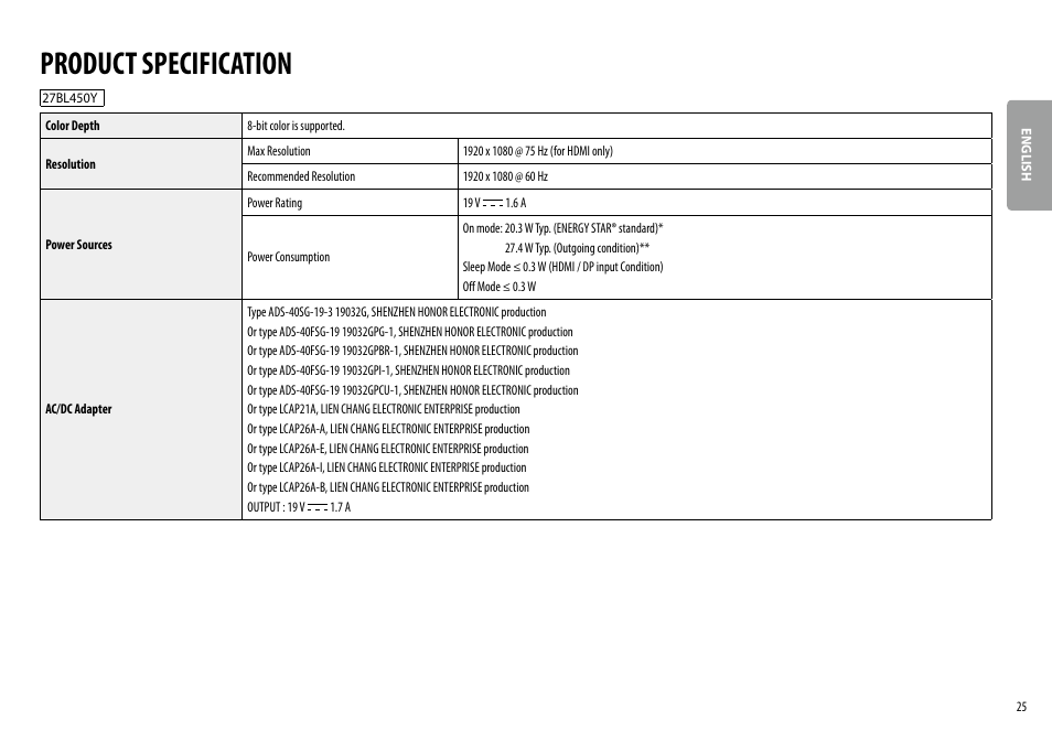 Product specification | LG BL450Y 22" Desktop Monitor (White) User Manual | Page 25 / 29