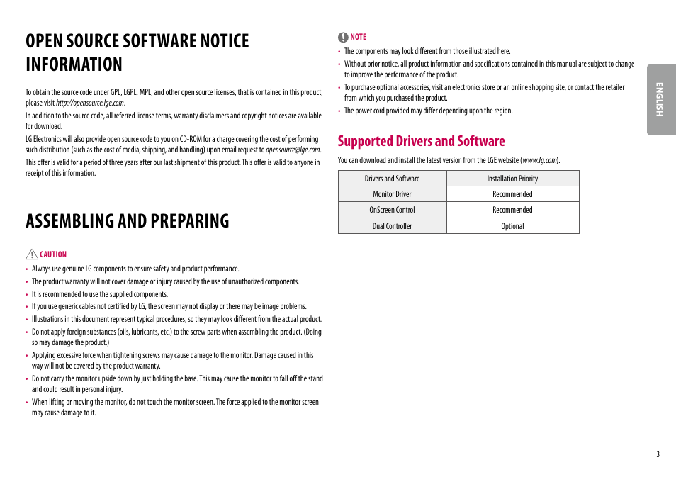 Open source software notice information, Assembling and preparing, Open source software notice | Information, Supported drivers and software | LG BL450Y 22" Desktop Monitor (White) User Manual | Page 3 / 29