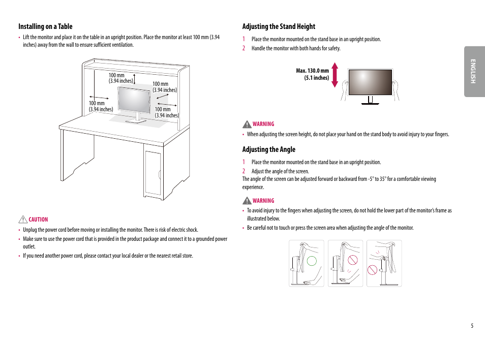 Installing on a table, Adjusting the stand height, Adjusting the angle | LG BL450Y 22" Desktop Monitor (White) User Manual | Page 5 / 29