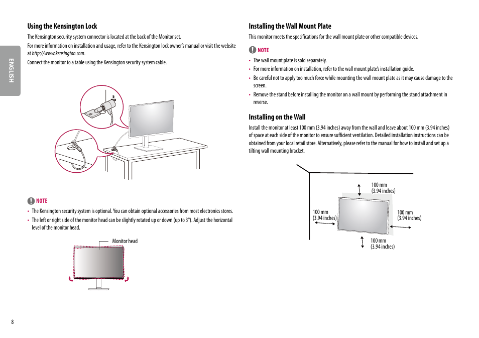 Using the kensington lock, Installing the wall mount plate, Installing on the wall | LG BL450Y 22" Desktop Monitor (White) User Manual | Page 8 / 29