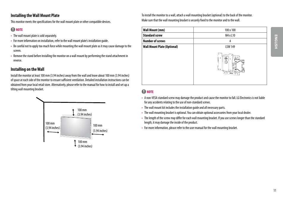 Installing the wall mount plate, Installing on the wall | LG 24BR650B-C 23.8" Monitor User Manual | Page 11 / 34