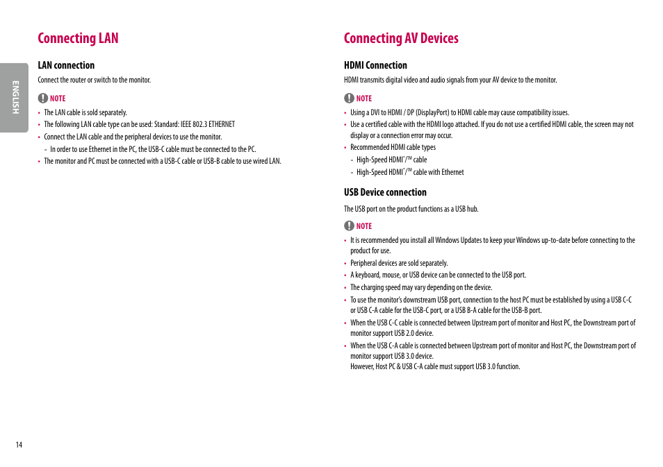 Connecting lan, Connecting av devices, Lan connection | Hdmi connection, Usb device connection | LG 24BR650B-C 23.8" Monitor User Manual | Page 14 / 34