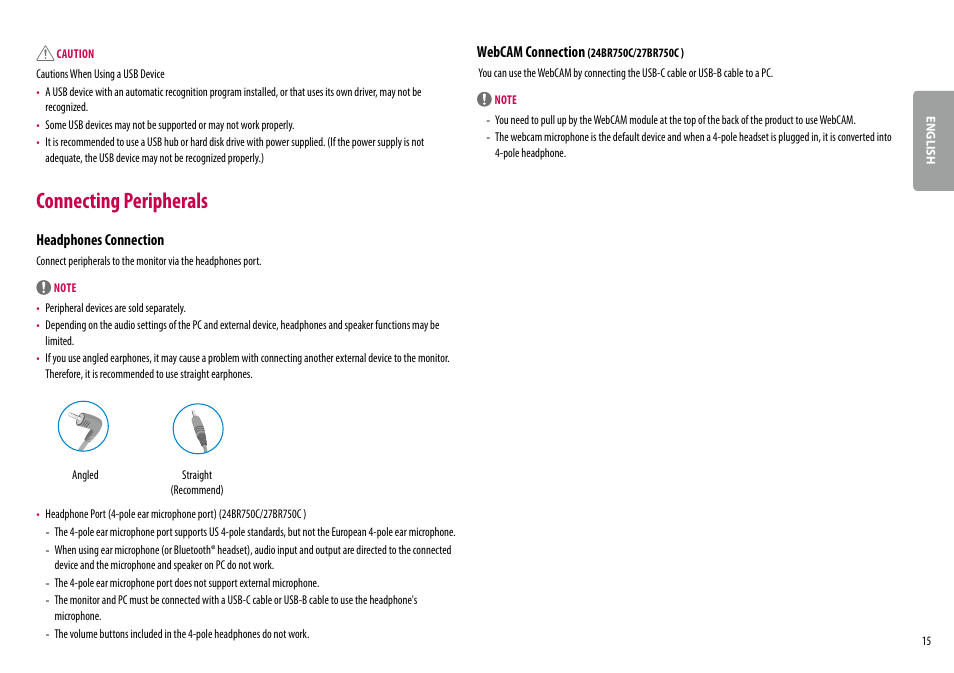 Connecting peripherals, Headphones connection, Webcam connection | LG 24BR650B-C 23.8" Monitor User Manual | Page 15 / 34