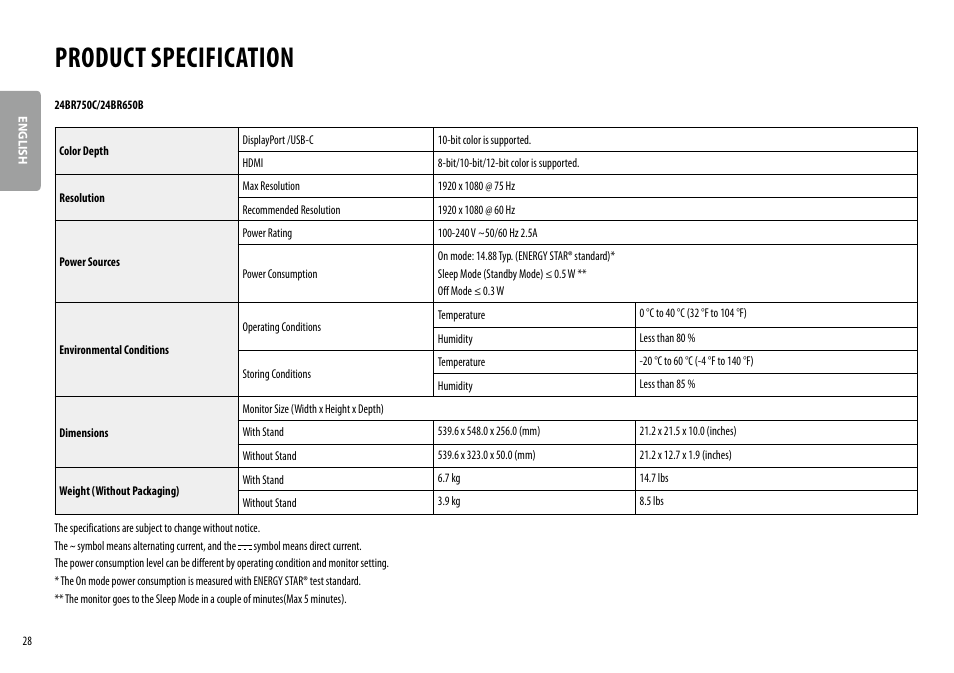 Product specification | LG 24BR650B-C 23.8" Monitor User Manual | Page 28 / 34