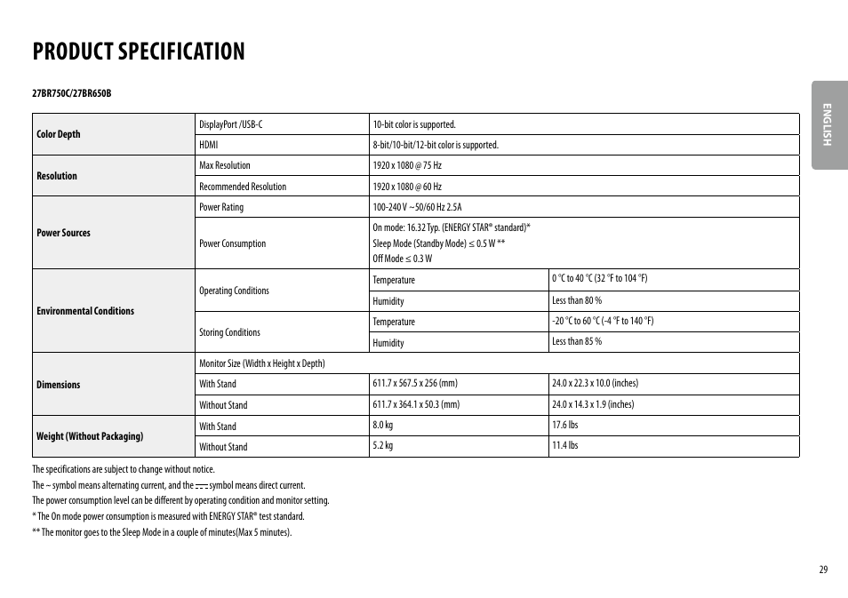 Product specification | LG 24BR650B-C 23.8" Monitor User Manual | Page 29 / 34