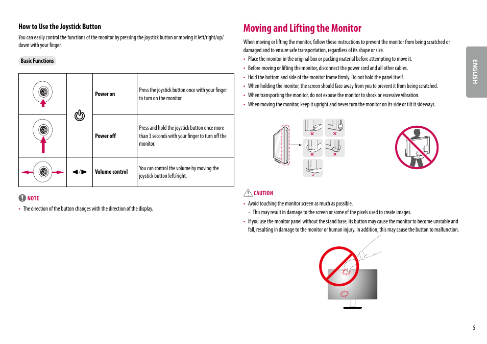 Moving and lifting the monitor, How to use the joystick button | LG 24BR650B-C 23.8" Monitor User Manual | Page 5 / 34