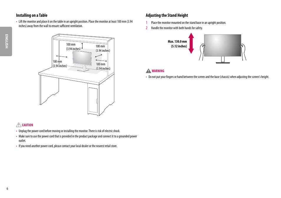 Installing on a table, Adjusting the stand height | LG 24BR650B-C 23.8" Monitor User Manual | Page 6 / 34