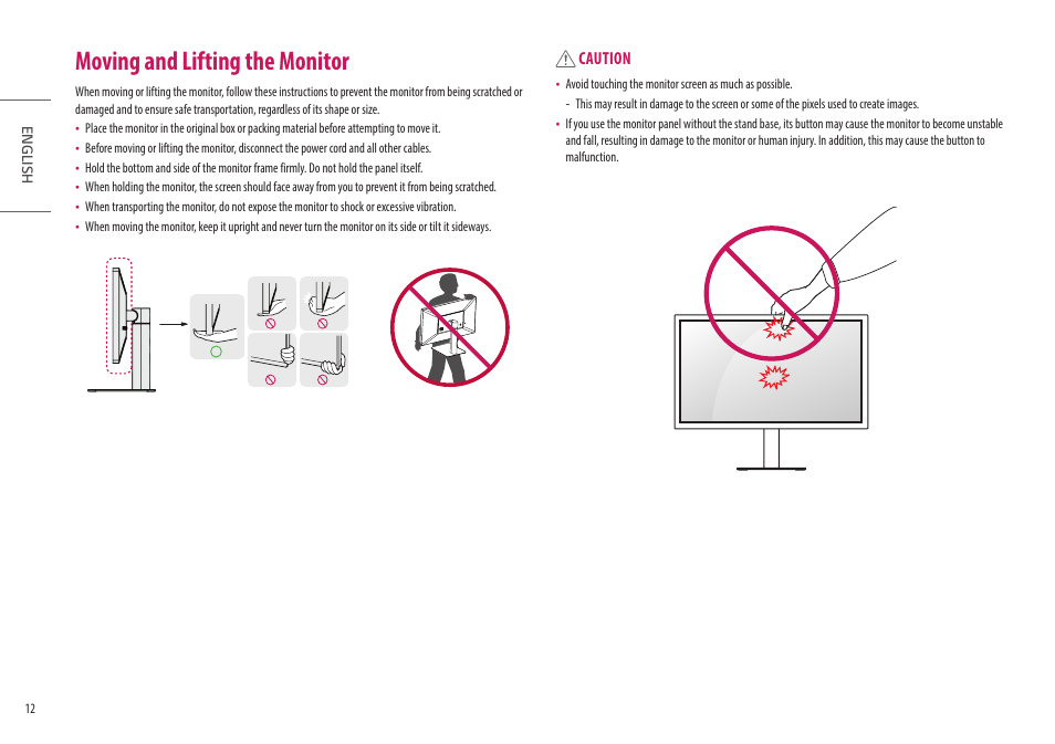 Moving and lifting the monitor | LG UltraFine 27MD5KL-B 27" 16:9 5K IPS Monitor User Manual | Page 12 / 31