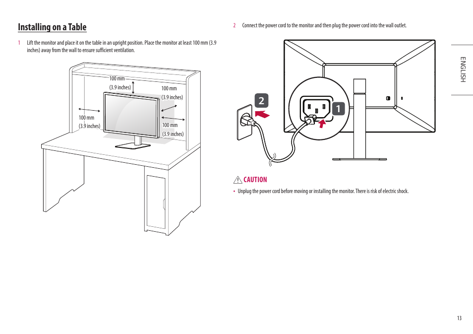 Installing on a table | LG UltraFine 27MD5KL-B 27" 16:9 5K IPS Monitor User Manual | Page 13 / 31