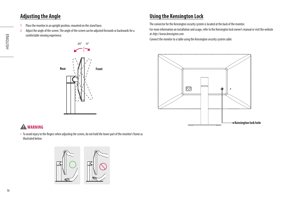 Adjusting the angle, Using the kensington lock | LG UltraFine 27MD5KL-B 27" 16:9 5K IPS Monitor User Manual | Page 16 / 31