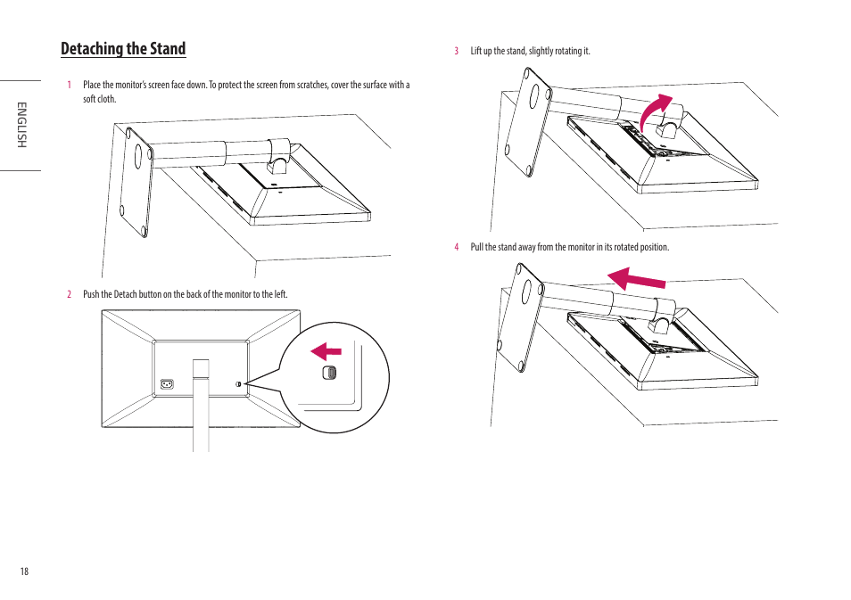 Detaching the stand | LG UltraFine 27MD5KL-B 27" 16:9 5K IPS Monitor User Manual | Page 18 / 31