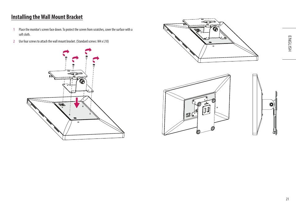 Installing the wall mount bracket | LG UltraFine 27MD5KL-B 27" 16:9 5K IPS Monitor User Manual | Page 21 / 31